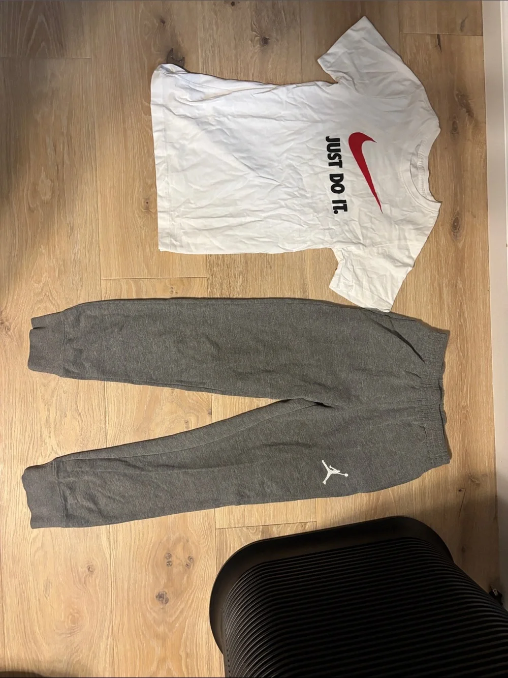 Nike Kids White Tee with Red Swoosh & Gray Joggers